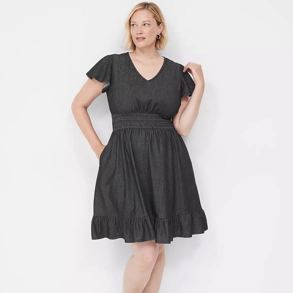 Lane Bryant Women's 3X Dress Black Smocked-Waist Flutter Sleeve w/Pockets - Picture 1 of 12